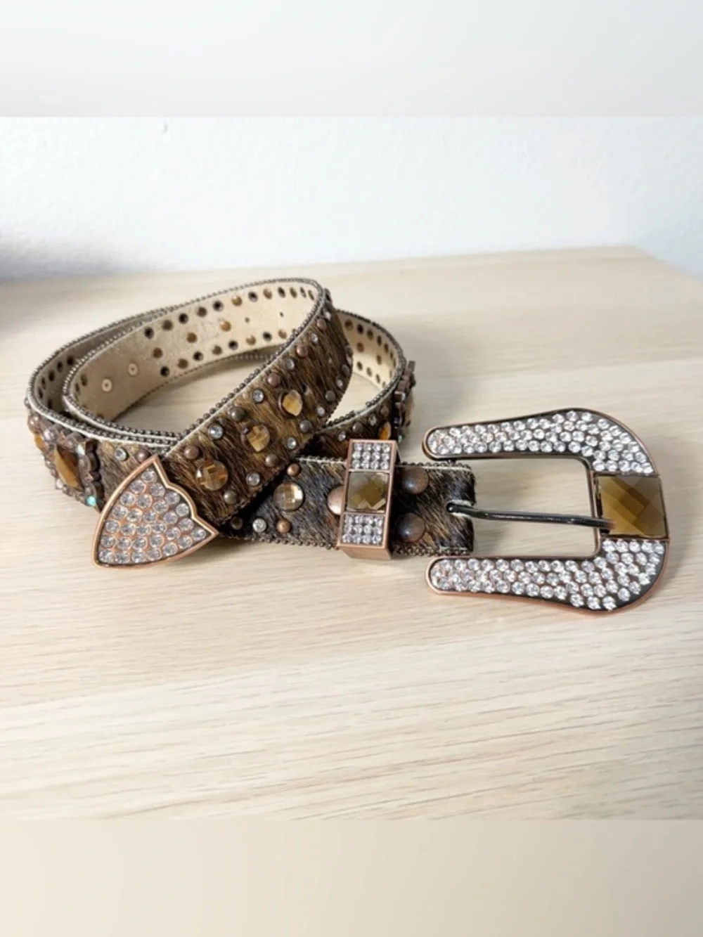 Nocona Size L Western Rodeo Rhinestone Jewel Embellished‎ Calf Hair Leather Belt